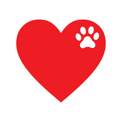Red heart with a white paw print, symbol of love for animals, pet care, dog and cat rescue, veterinary