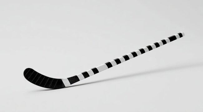 Black and white hockey stick with a curved blade and striped shaft, angled slightly on a white background - Powered by Adobe