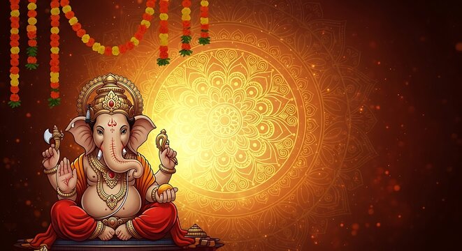 Lord Ganesha seated with offerings and ornate mandala background