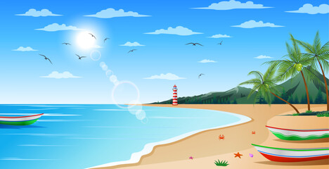 Obraz premium Tropical beach with lighthouses and palm trees, vector illustration