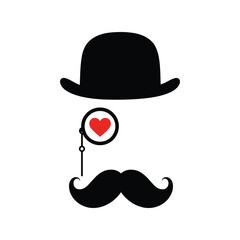Elegant Man Face Elements, Bowler Hat, Monocle, Mustache, Bowtie, Vintage Vector