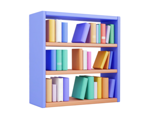 3D Bookshelf with Books. Education and reading theme. Rendered in cartoon plastic style on transparent background and white background