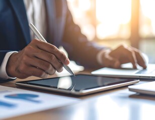 Close-up of a person using a stylus on a digital tablet.