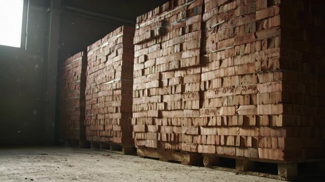 Stacked red clay bricks inside a construction warehouse or factory