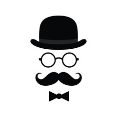 Stylish Gentleman Face Mask, Bowler Hat, Monocle, Moustache, and Bow Tie Icon