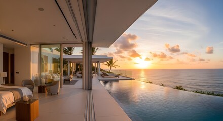 A sleek modern luxury villa with infinity pool, floor-to-ceiling glass walls, and a minimalist interior, perched on a cliffside with ocean views, sunset lighting a?" ultra-realistic, cinematic style