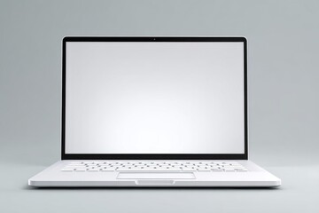 Blank Screen Open Laptop. Laptop computer isolated on white background. Front View of Modern Notebook. Mockup, template for text. Clipping path for background and device screen. Planning, search, tech