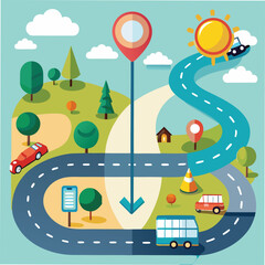 A winding road with navigation pins and markers, showing a journey through a landscape with cars and trees