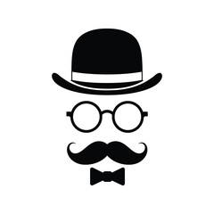 Stylish Gentleman Face Mask, Bowler Hat, Monocle, Moustache, and Bow Tie Icon
