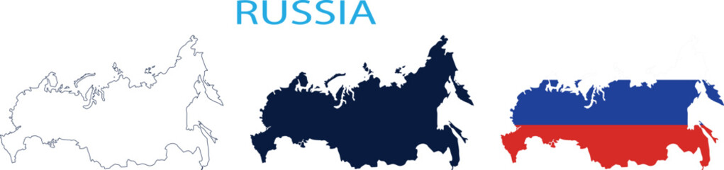 Vector map of Russia in outline, solid, and national flag colors. Detailed geographic shape for political, travel, and educational themes. Perfect for infographics, guides, and presentations.