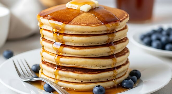 Stacked pancakes with syrup and butter offer an appealing morning treat photography