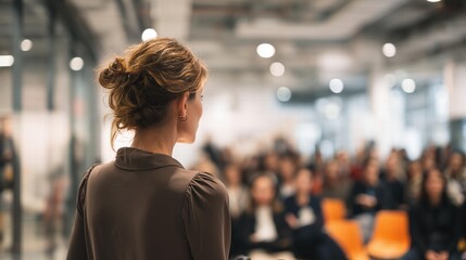 Back view woman speaking to audience in modern lit venue, blurred crowd industrial background creating dynamic professional speaking atmosphere.