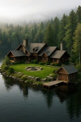 Fototapeta premium Rustic Lakeside Log Cabin with Dock and Forest View