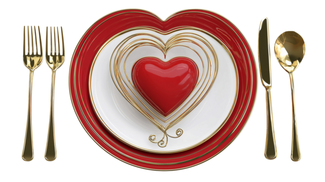 Elegant heart shaped dinner setting with golden cutlery and romantic red heart centerpiece