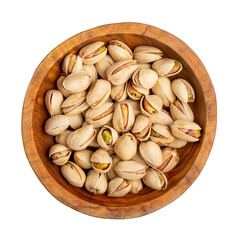 Pistachios in wooden bowl isolated on white. Pistachio nuts in peel. Top view.