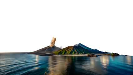 A dramatic volcanic island erupts with a plume of smoke and ash into the sky, with its reflection shimmering on the calm sea below isolated on transparent background