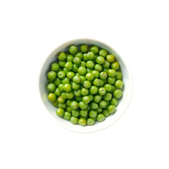 Green peas on white bowl isolated on transparent background
