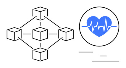 Blockchain structure connected to heart graphic with pulse line. Ideal for healthcare, technology, medical security, data sharing, innovation, futuristic themes, simple landing page