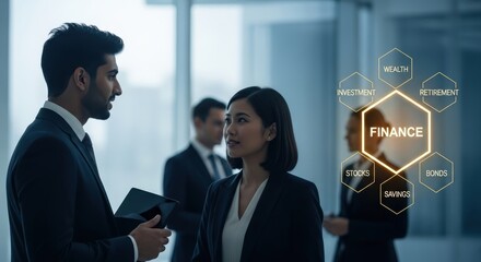 Business people discussing financial strategy with digital FINANCE concept overlay in modern office