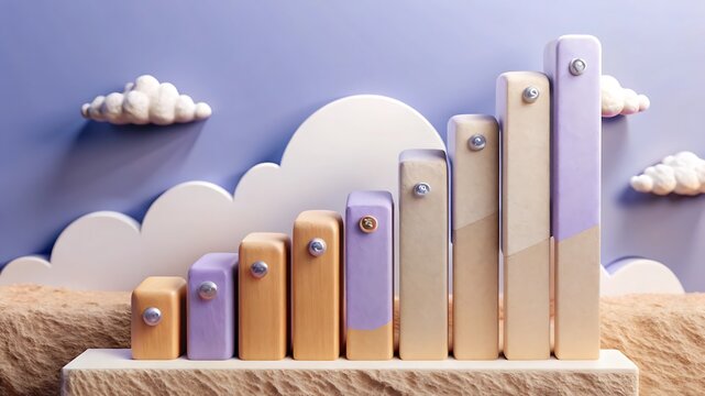 Stylized Wooden Bar Graph with Clouds and Sky Background Representing Growth Progress and Success in a Playful and Creative Design