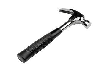 A shiny metal claw hammer with a black rubber grip isolated on a stark black background