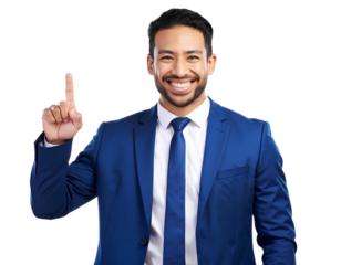 Man Smiling and Pointing Confidently, Dressed Smartly Against isolated on a transparent background.