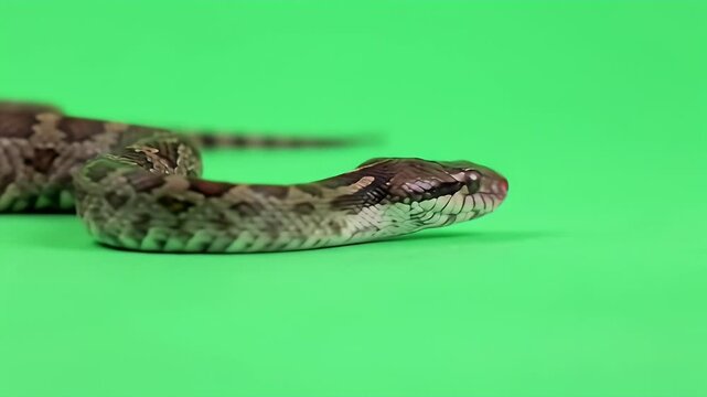 Young Brown and Grey Snake with Detailed Scales and Pattern, Isolated on a Bright Green Screen Background, Perfect for Wildlife and Nature Compositing