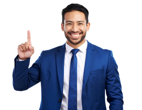 Man Smiling and Pointing Confidently, Dressed Smartly Against isolated on a transparent background.