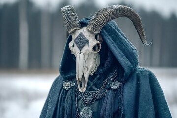Shaman wearing goat skull mask performing ritual in winter forest
