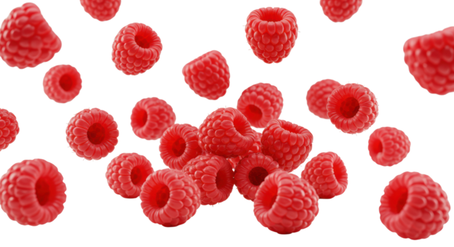 Vibrant red raspberries, showcasing dimples and fuzzy textures, dynamically suspended and floating in mid-air against a pristine brilliant white studio background, concept of natural vitality and