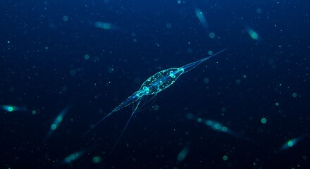 Microscopic Marine Life: A mesmerizing portrayal of a singular marine microorganism gracefully navigating the depths of the ocean, its intricate structure illuminated by ethereal - Macro Concept Art