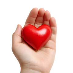 Fototapeta premium A bright red heart held gently in an open palm symbolizing love and care isolated on transparent background