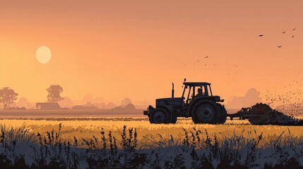 Fototapeta premium Tractor working on a rural field at sunset with warm orange hues and a tranquil landscape in the background