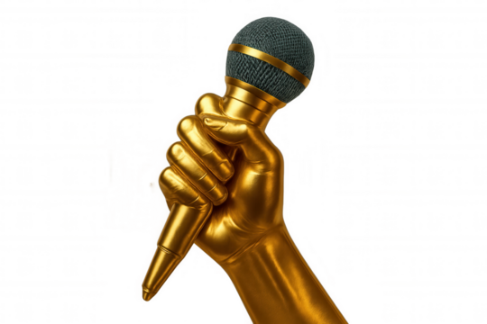 Golden hand firmly grasping a microphone, symbolizing the power of voice and communication, on a transparent background - Powered by Adobe