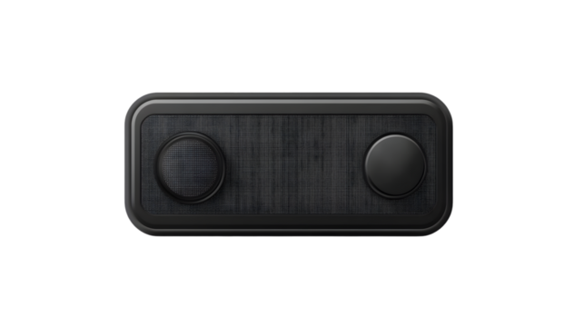 Close up of a dark gray speaker with two knobs on a black background in horizontal format view