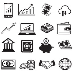Collection of business and finance icons including mobile phone chart laptop piggy bank safe and globe