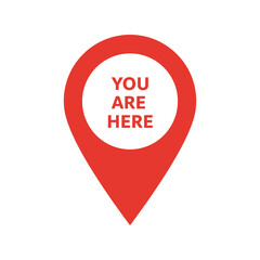 Red you are here map pointer icon, location pin, navigation symbol, gps marker, destination graphic, isolated vector