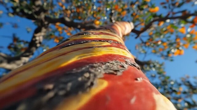 Low-angle shot of striped-bark tree, orange fruits, blue sky