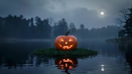 Glowing jack o lantern on small island in misty lake at night with moon shining, Halloween scene, eerie atmosphere - Powered by Adobe