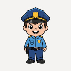 Cheerful cartoon police officer, young boy in uniform, happy expression,  standing at attention.