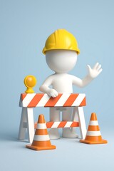 3D White Mannequin in Yellow Hard Hat Waving Behind Construction Barrier with Cones