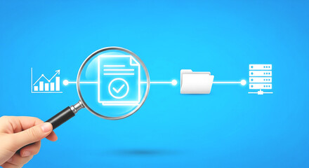 Hand holding magnifying glass over document with check mark on blue background illustration