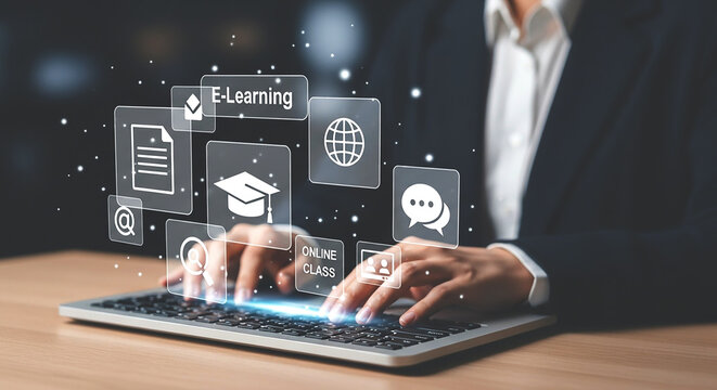 Person typing on laptop with e learning icons floating above keyboard in a modern digital environment