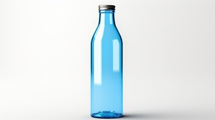 Transparent blue glass bottle with a silver cap on a white background