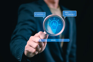 Business with magnifying glass ready Hand holding AI smart AI assistantlight bulb hologram with a digital interface, representing artificial intelligence innovation, creative ideas,