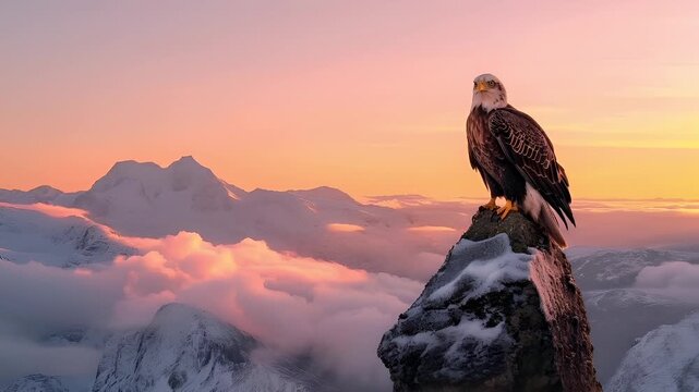 A vivid, highresolution photograph of a bald eagle perched on a rock during sunset. The eagle is captured in a side profile.