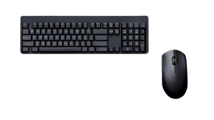 Overhead shot of a black keyboard with a full layout and a wireless mouse on a black background