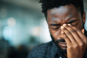 Stressed businessman suffering from headache and eye strain in office