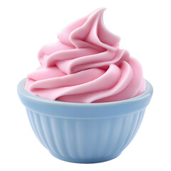 A delicious swirl of pink soft serve ice cream in a light blue ribbed bowl isolated on transparent background
