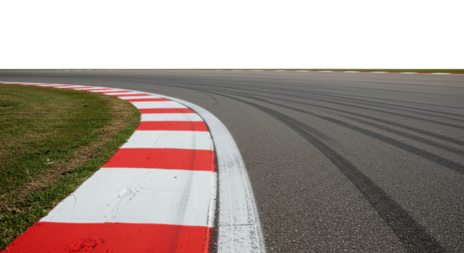 Curving race track with tire marks and red and white border isolated PNG with Transparent Background